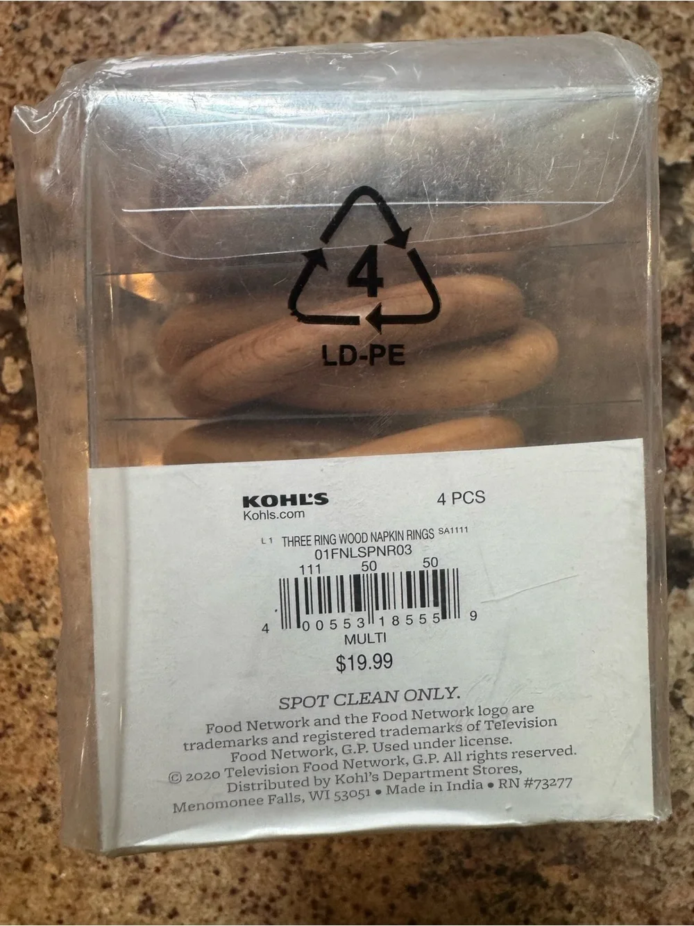 Food Network Natural Wood Napkin Rings - Light Brown Set of 4